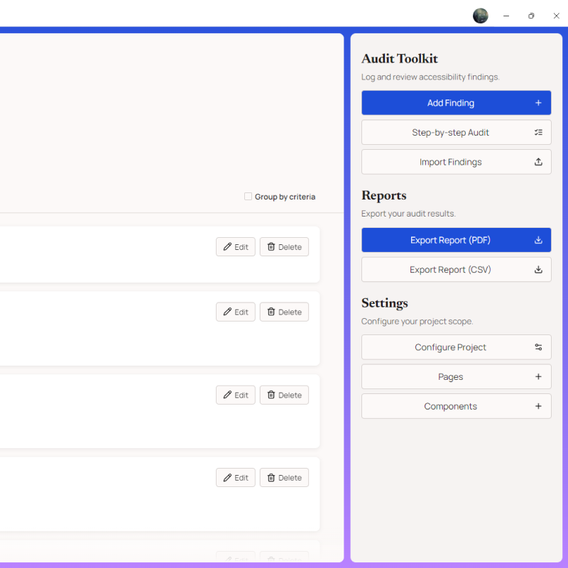 Step-by-step audit workflow with a finding log form open for WCAG 1.3.2 Meaningful Sequence