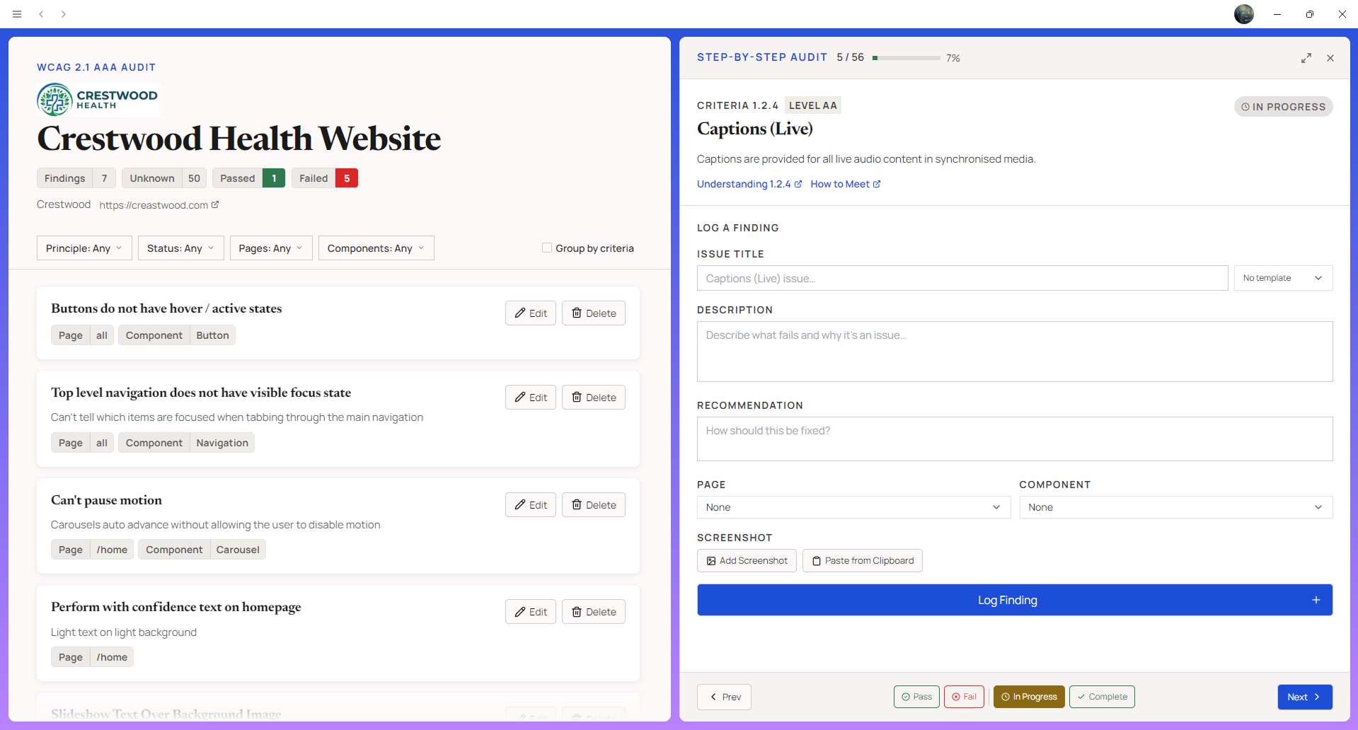 manuA11y audit panel showing findings for Jecture Public Website, with pass, fail, and unknown counts and a filterable list of WCAG criteria