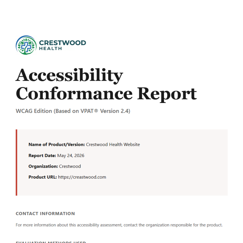 Accessibility Conformance Report cover page showing product name, report date, organization, and product URL